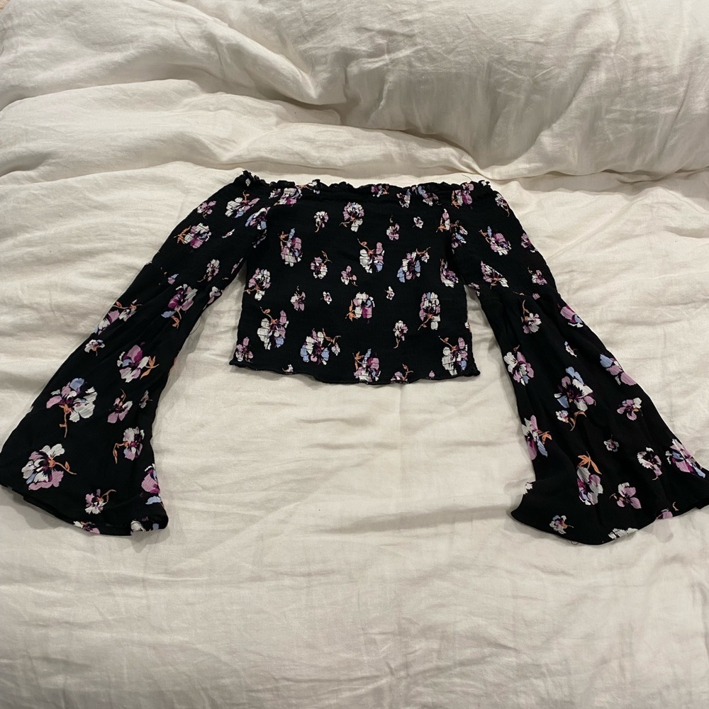Off shoulder floral crop top with bell sleeves